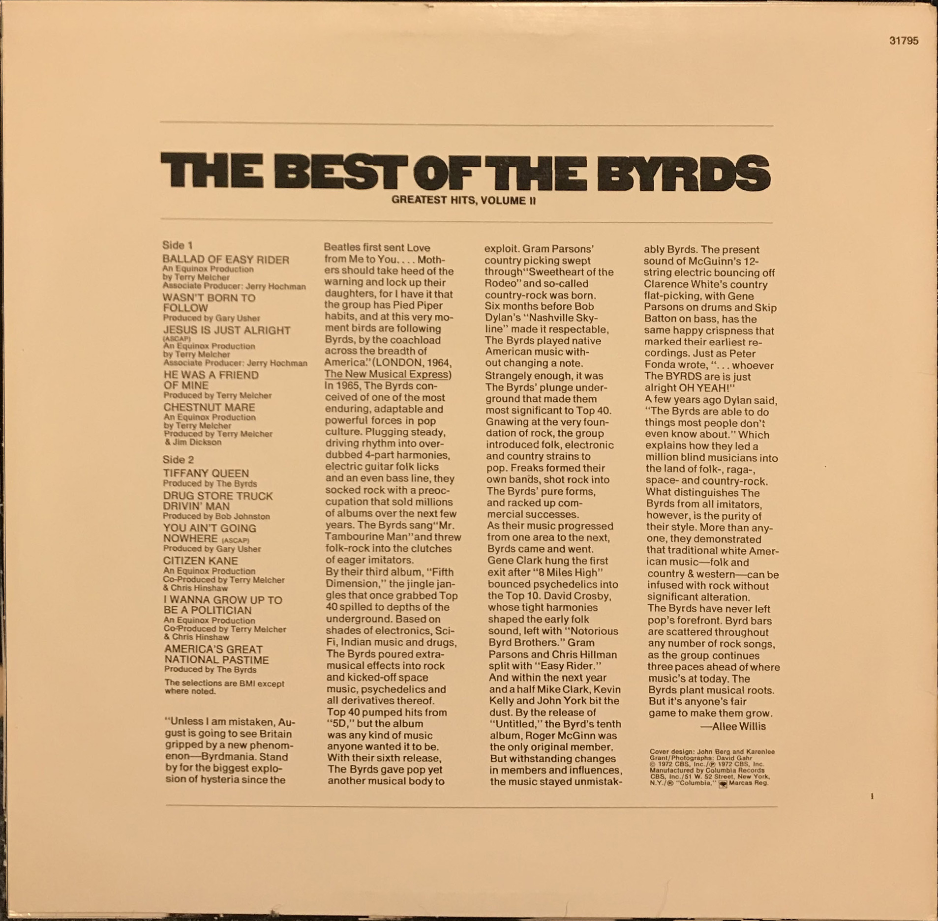 Back cover for album 'The Best of the Byrds Greatest Hits volume ii"